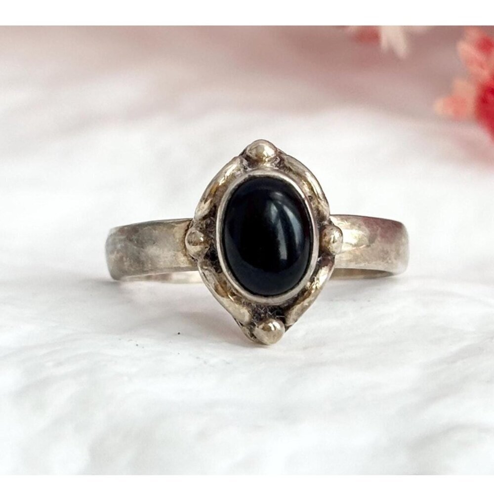 Black Onyx Southwest Style Beaded Sterling Silver 925 Vintage Ring - sz 5.75